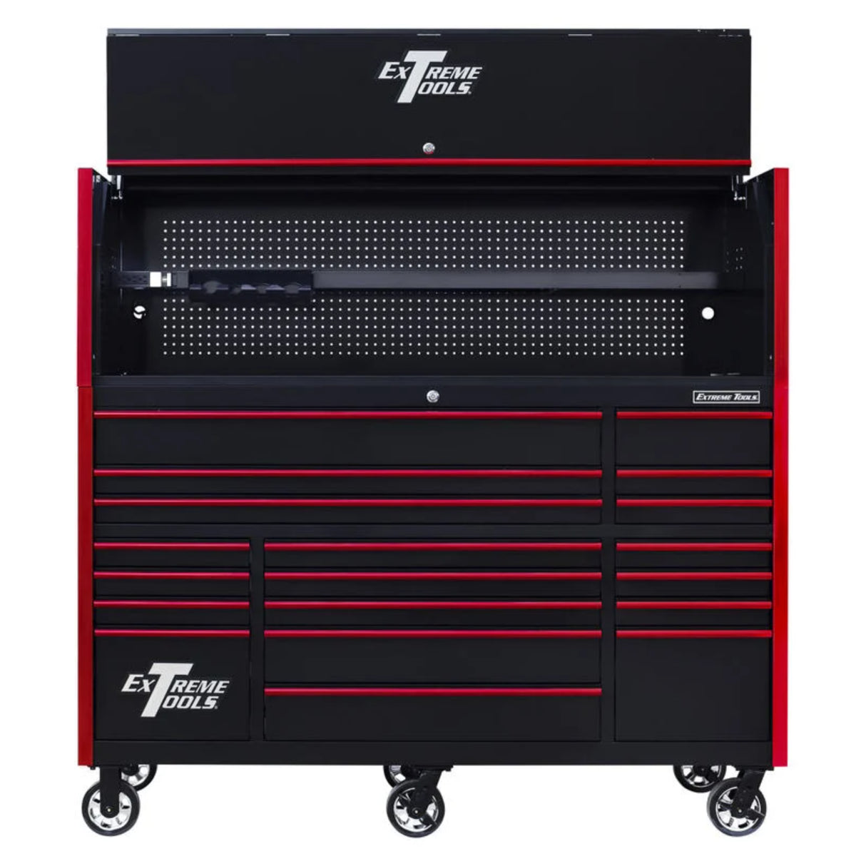 Extreme Tools RX Series 72in W x 30in D Pro Hutch & 19-Drawer Roller Cabinet Combo, Black/Red