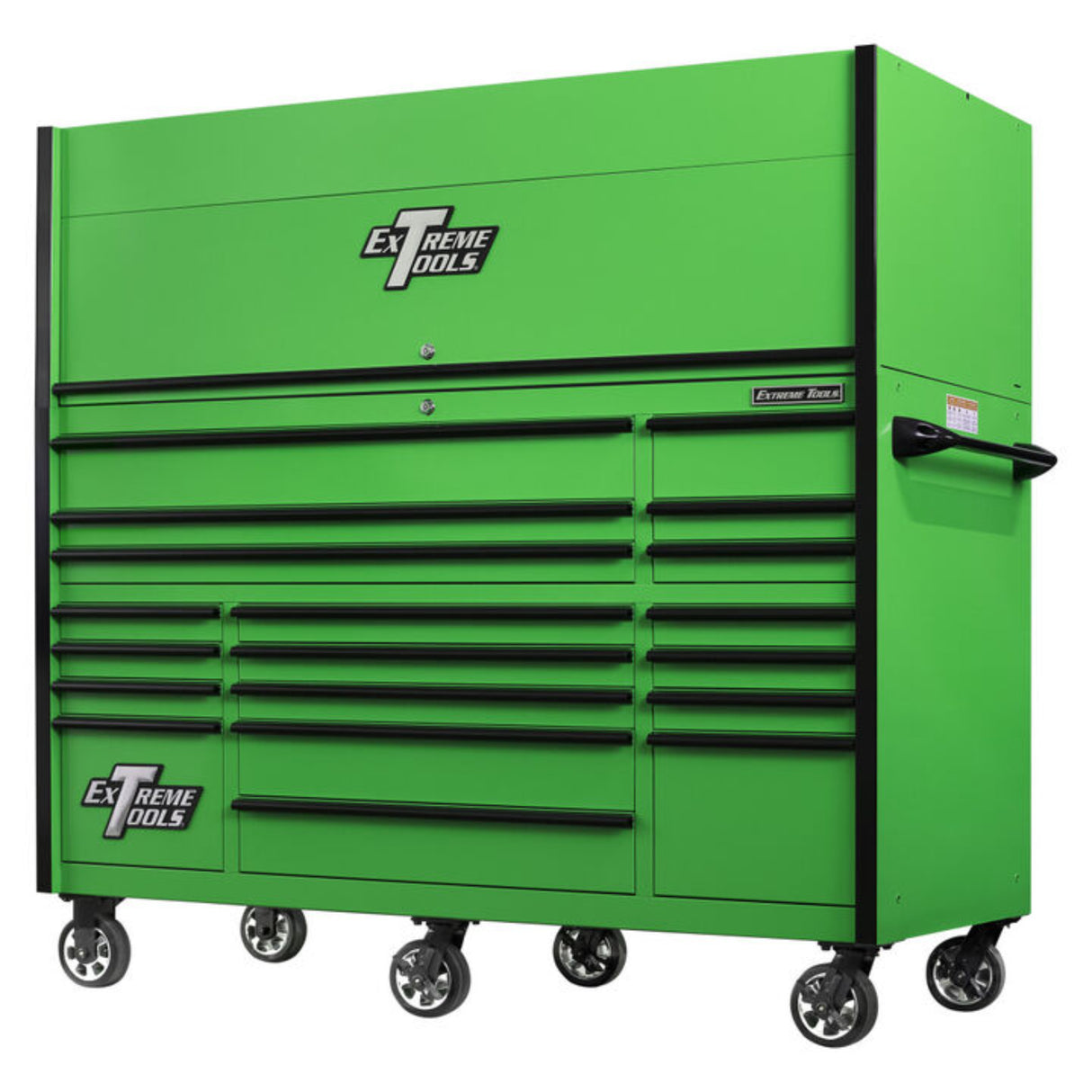 Extreme Tools RX Series 72in W x 30in D Pro Hutch & 19-Drawer Roller Cabinet Combo, Green/Black