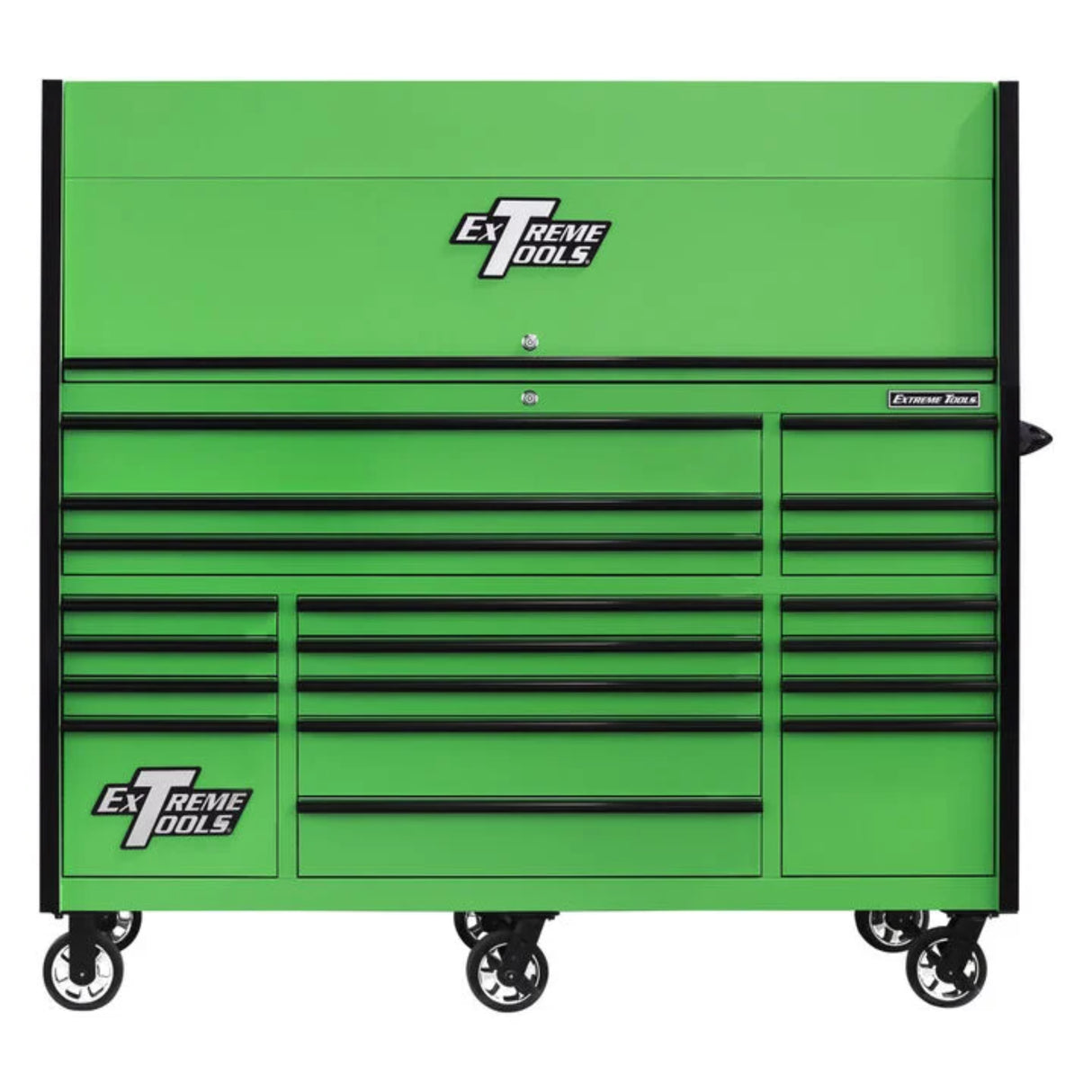 Extreme Tools RX Series 72in W x 30in D Pro Hutch & 19-Drawer Roller Cabinet Combo, Green/Black