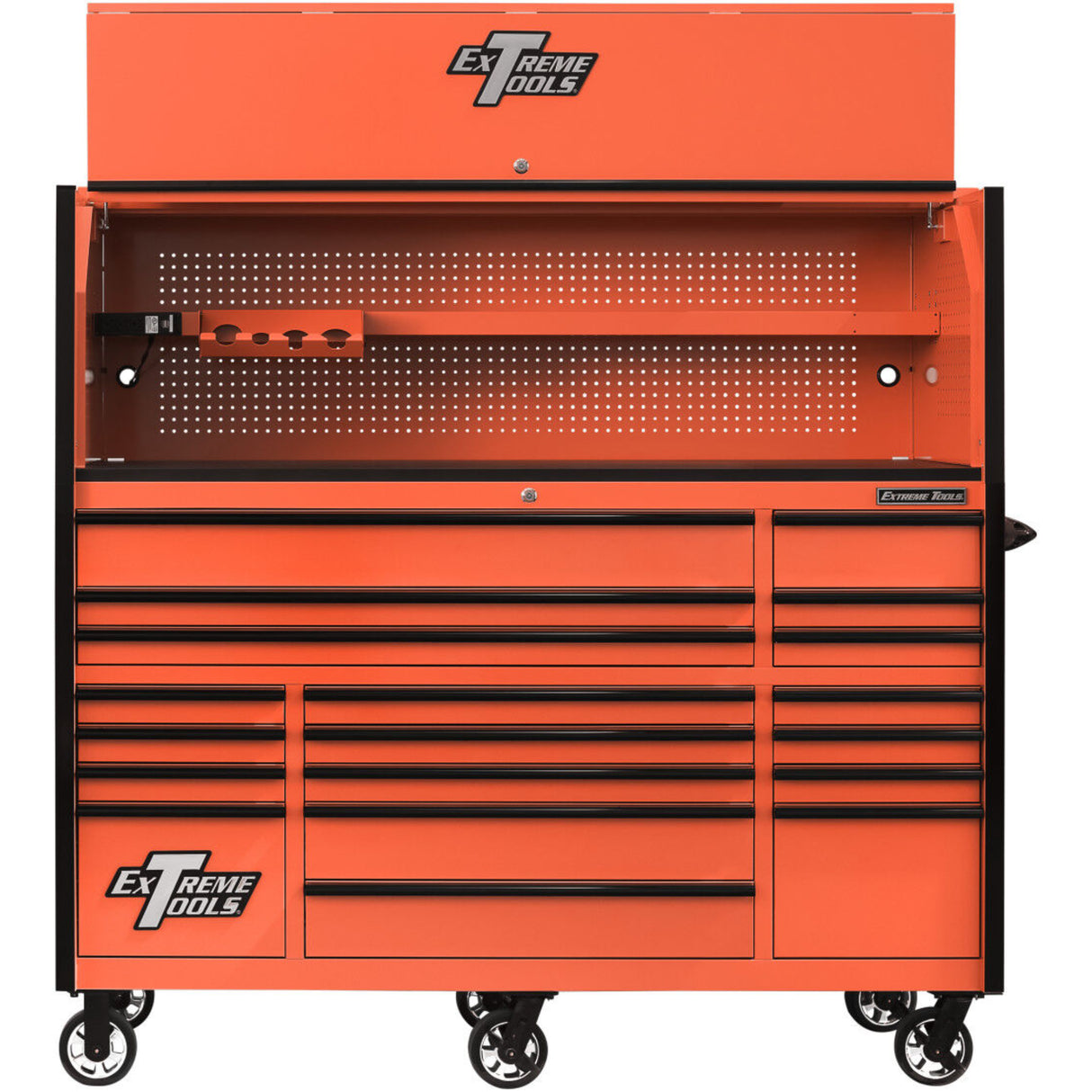 Extreme Tools RX Series 72in W x 30in D Pro Hutch & 19-Drawer Roller Cabinet Combo, Orange/Black