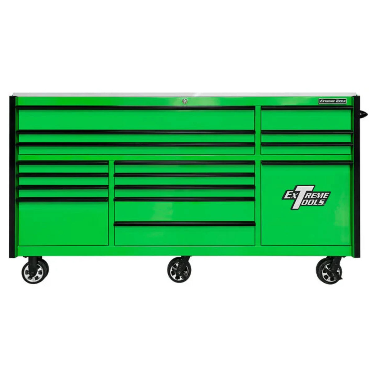 Extreme Tools RX Series 84in W x 30in D 16-Drawer Roller Cabinet with Power Tool Drawer, Green/Black