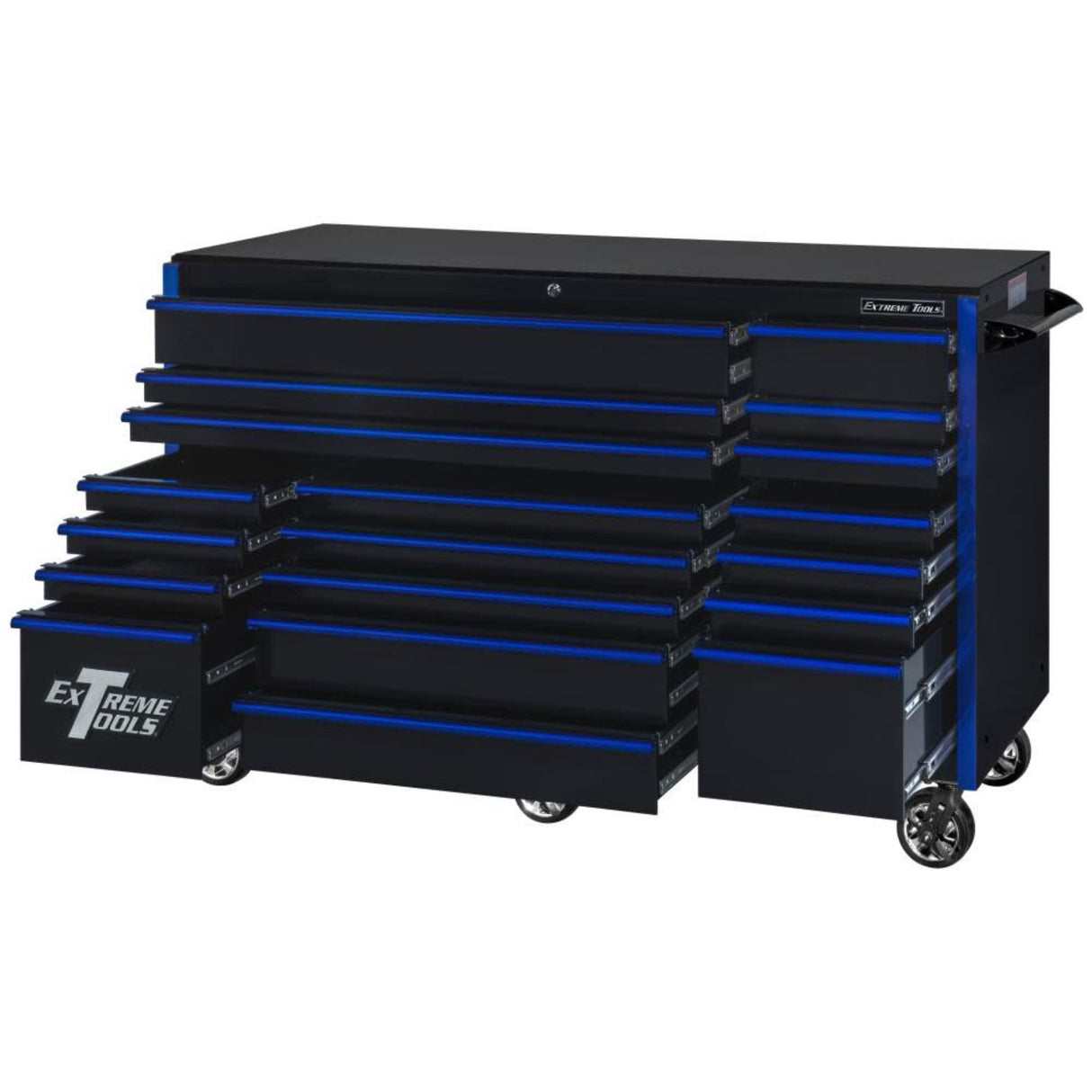 Extreme Tools RX Series 72in W x 30in D 19-Drawer Roller Cabinet, Black/Blue
