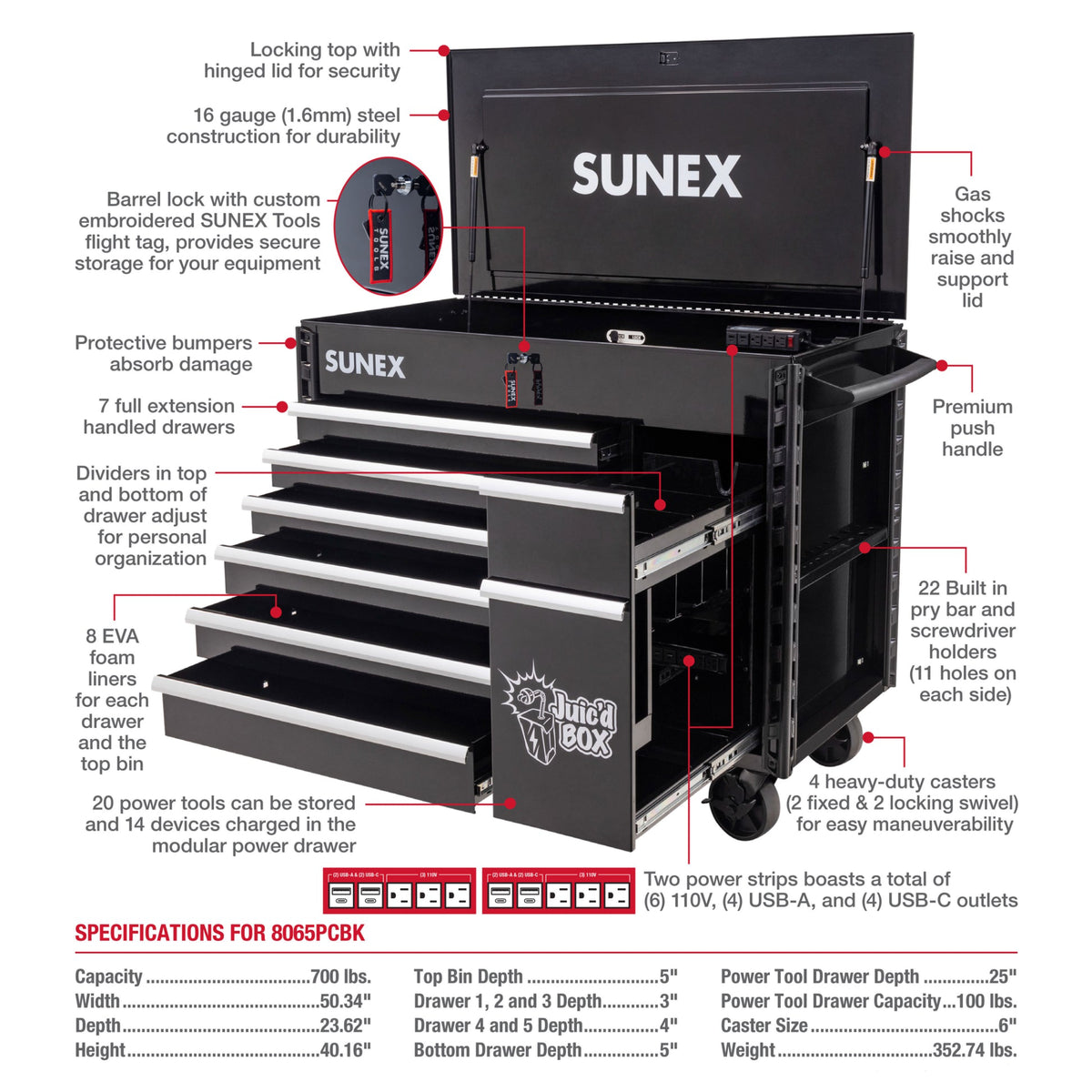 SUNEX Juic'd BOX 50" 7-Drawer Powered Tool Cart, 700 lb Capacity
