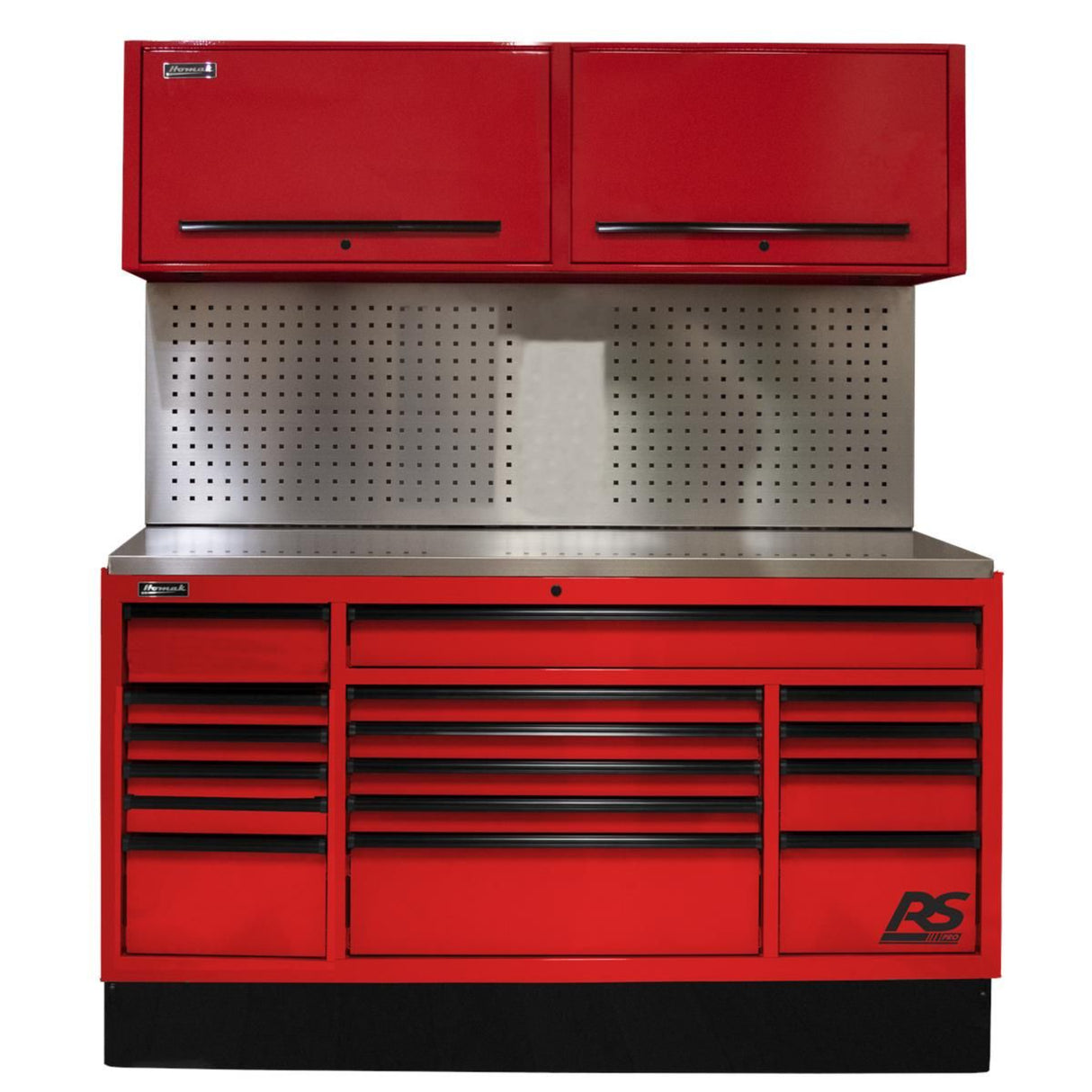 Homak 72" CTS Centralized Tool Storage Set — 16-Drawer Roller Cabinet, Canopy & Tool Board Backsplash, Red