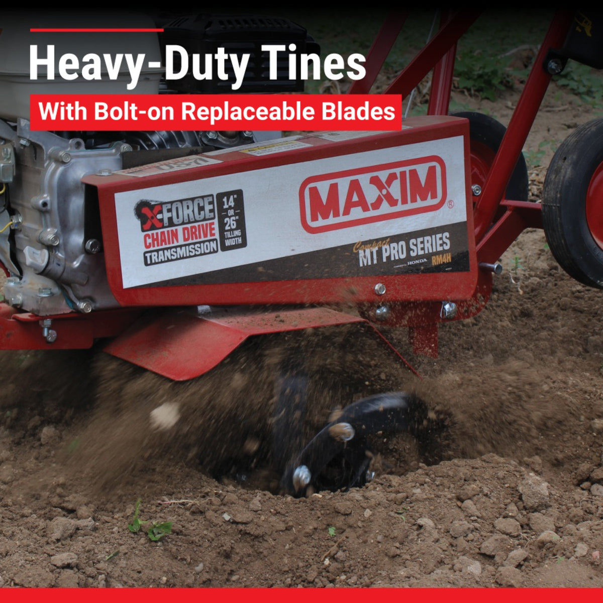 Maxim Compact Commercial Tiller, Honda GX120, Bolt-On Replaceable Tine Blades