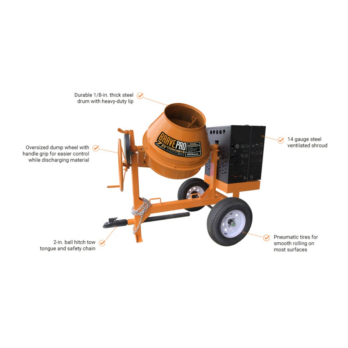 BravePro Concrete Mixer — 7 Cu. Ft. Steel Drum, Honda GX270