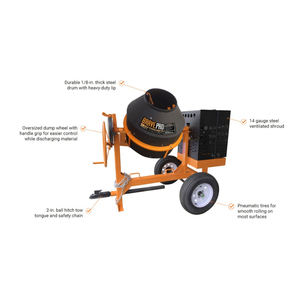 BravePro Concrete Mixer — 9 Cu. Ft. Poly Drum, Honda GX270
