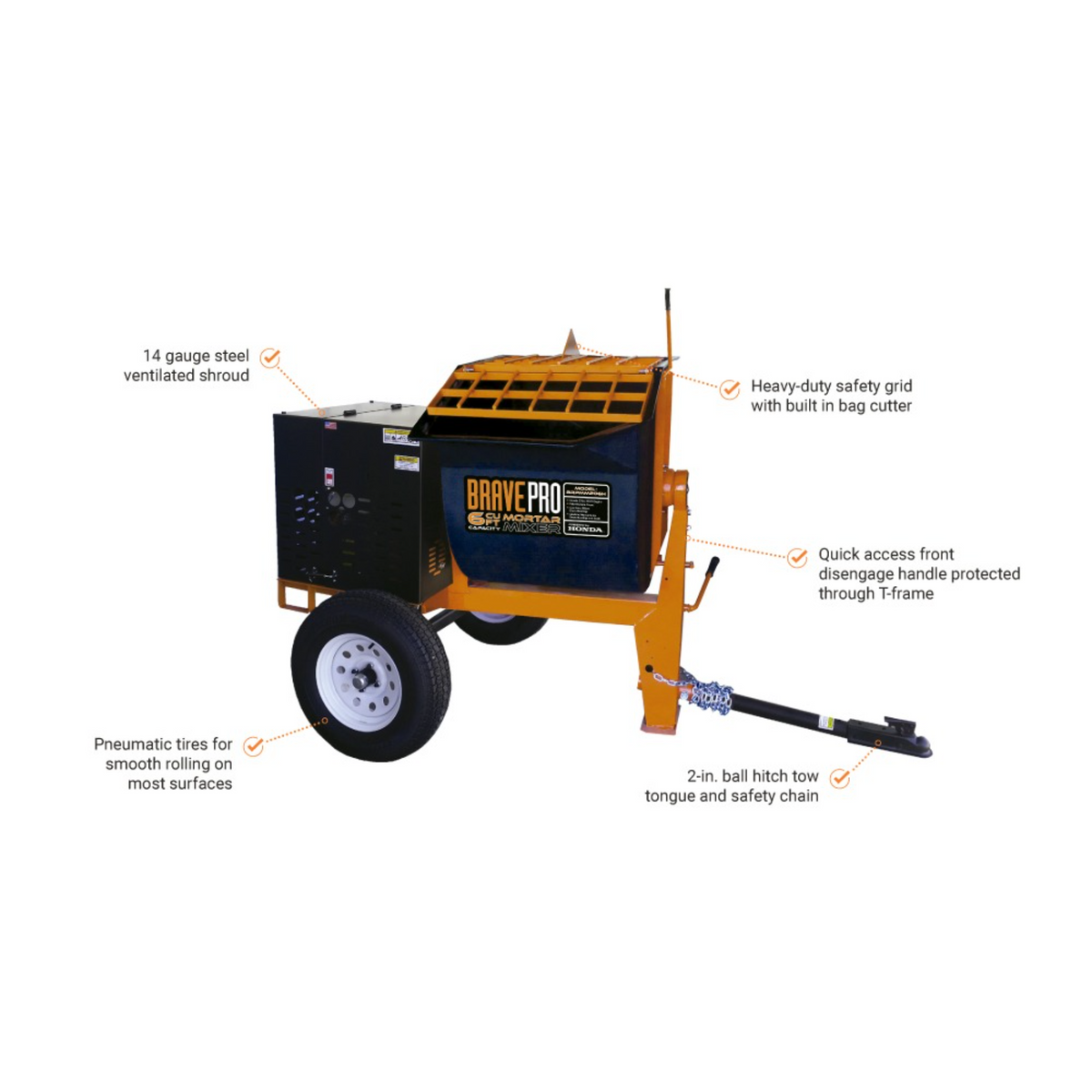 BravePro Mortar Mixer — 6 Cu. Ft. Poly Drum, Honda GX240