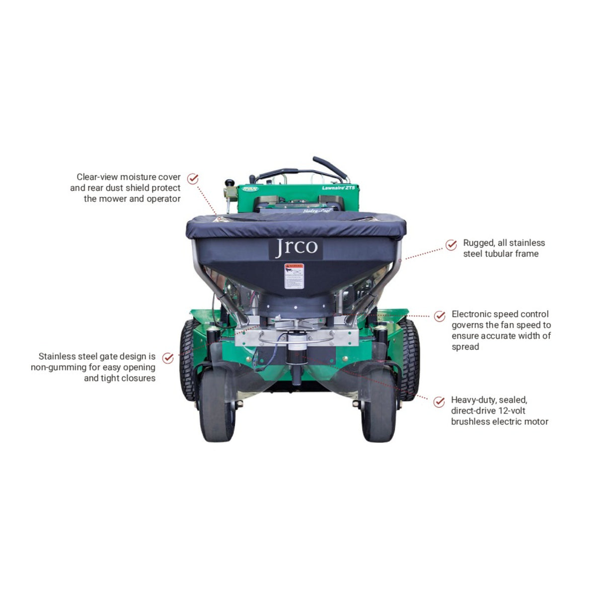 JRCO Broadcast Spreader — Hitch Mount, Cable Control, Brushless Motor