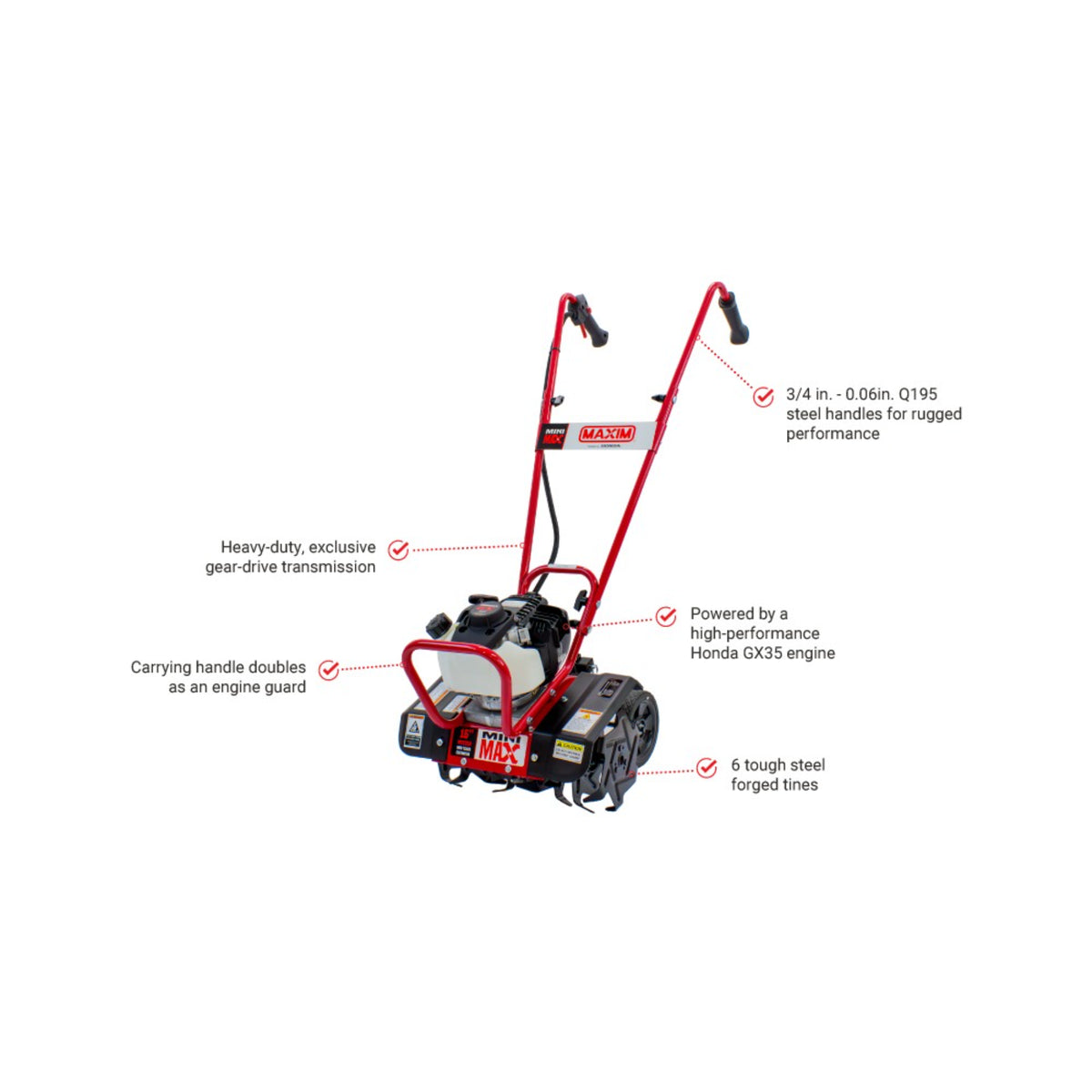 Maxim Mini Max Tiller and Cultivator, Honda GX35, Gear Drive