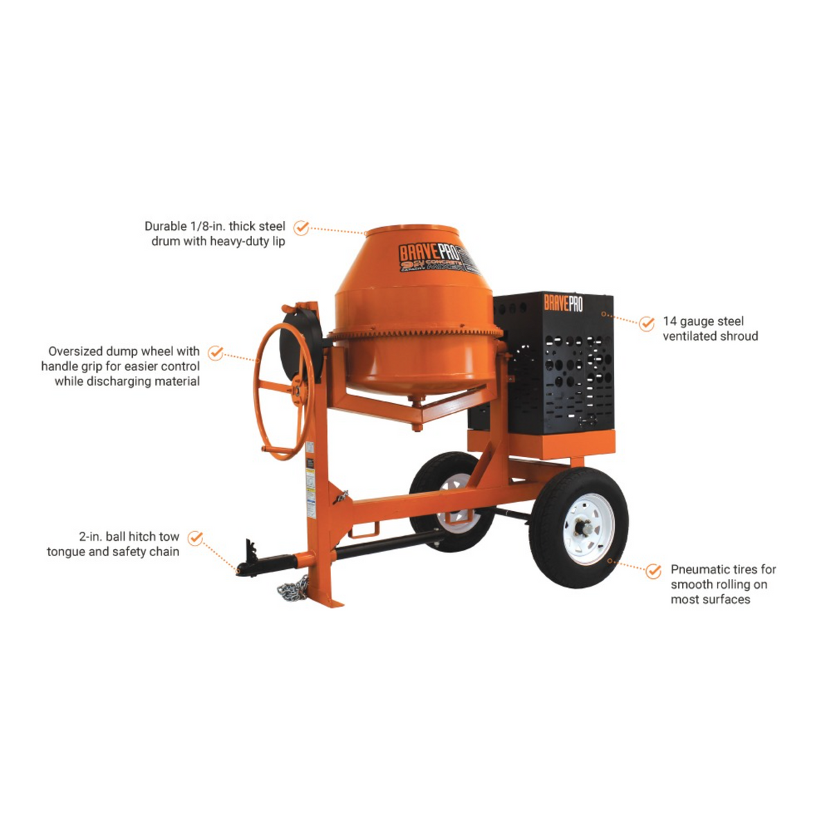 BravePro Concrete Mixer — 9 Cu. Ft. Steel Drum, Honda GX270