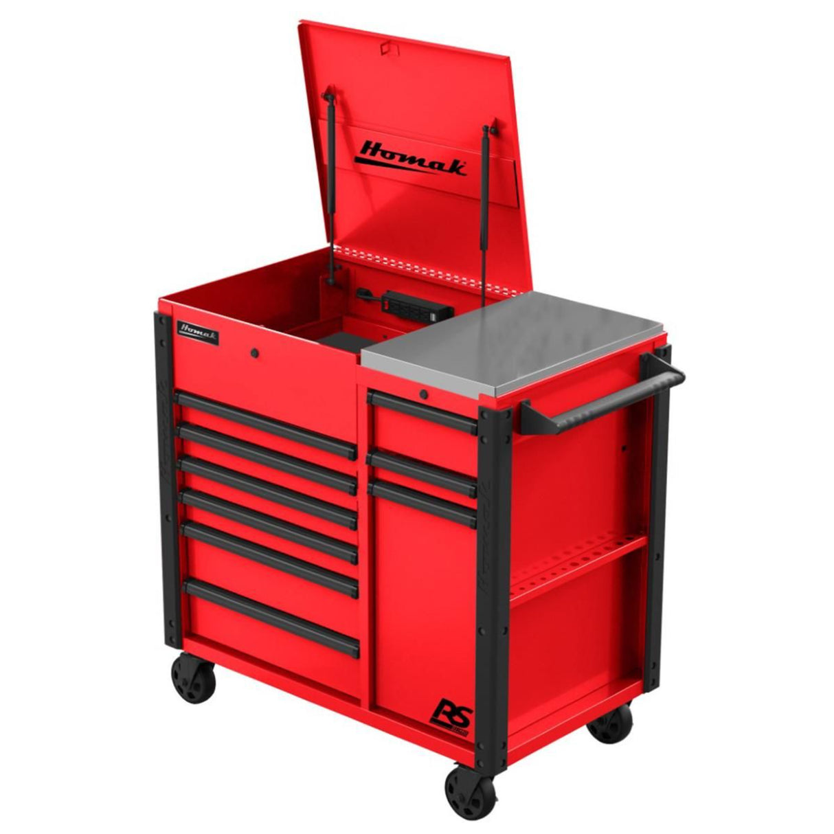 Homak 44" RS Pro 9-Drawer Flip-Top Power Service Cart — Stainless Worksurface, 4 Outlets + 2 USB