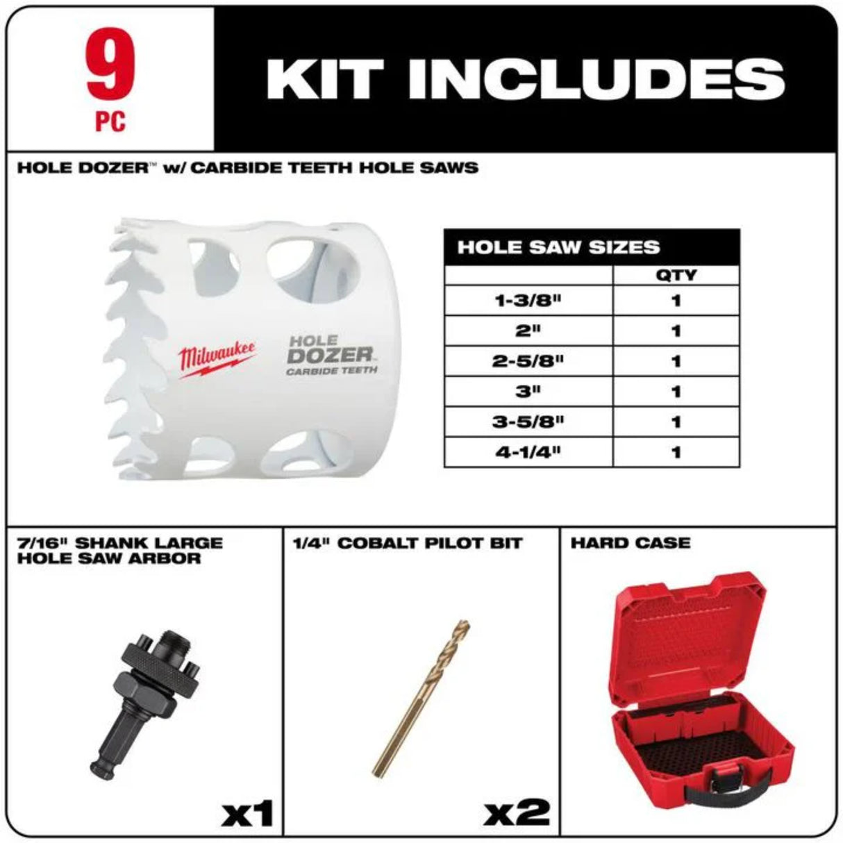 Milwaukee HOLE DOZER with Carbide Teeth Large Diameter Hole Saw Kit 9pc