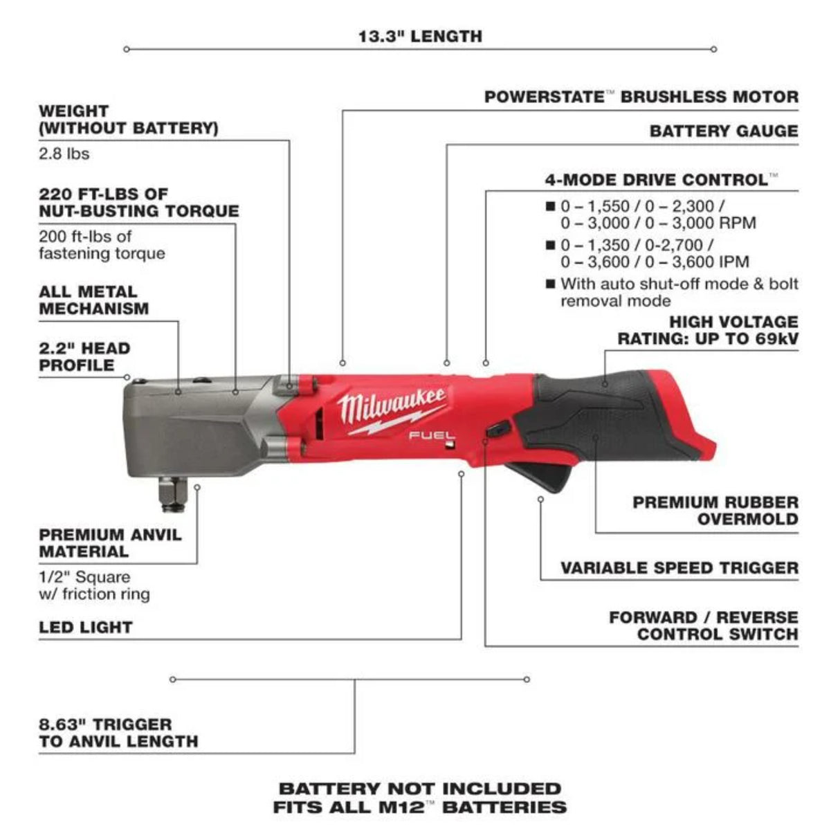 Milwaukee M12 FUEL 1/2inch Right Angle Impact Wrench (Bare Tool)