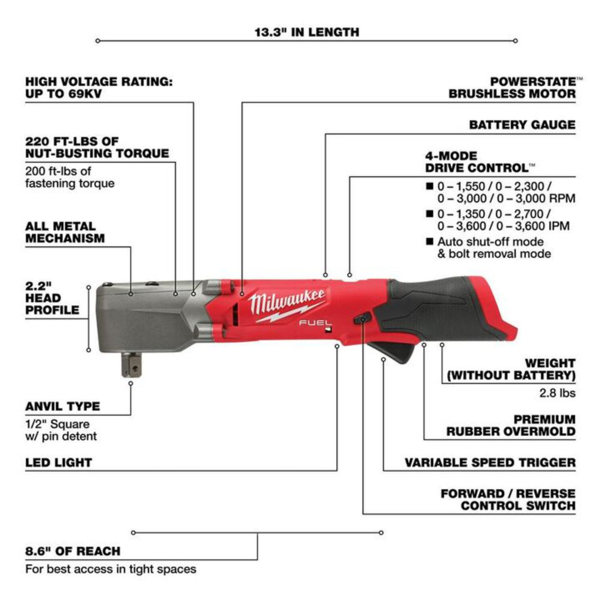 Milwaukee M12 FUEL 1/2inch Right Angle Impact Wrench with Pin Detent (Bare Tool)