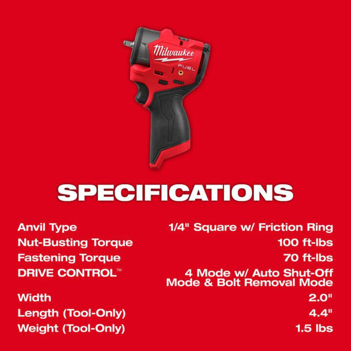 Milwaukee M12 FUEL 1/4 Inch Subcompact Impact Wrench with Friction Ring (Bare Tool)
