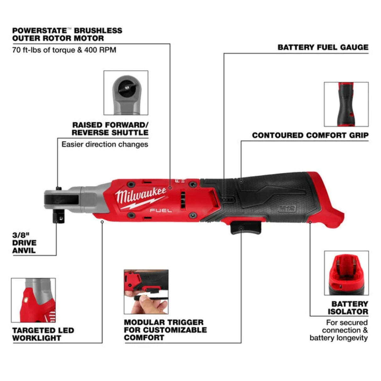 Milwaukee M12 FUEL 3/8 Inch Ratchet (Bare Tool)