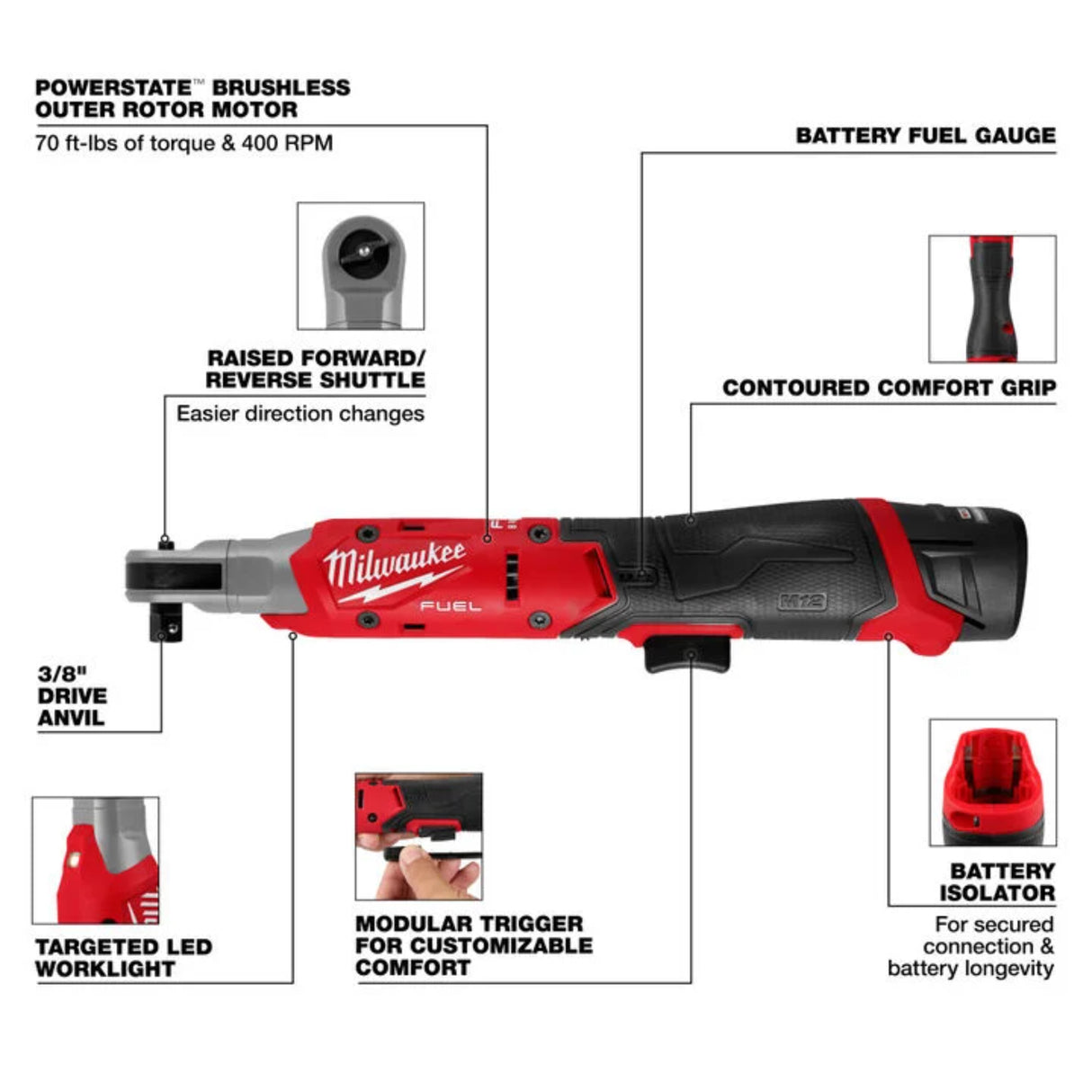 Milwaukee M12 FUEL 3/8 Inch Ratchet Kit