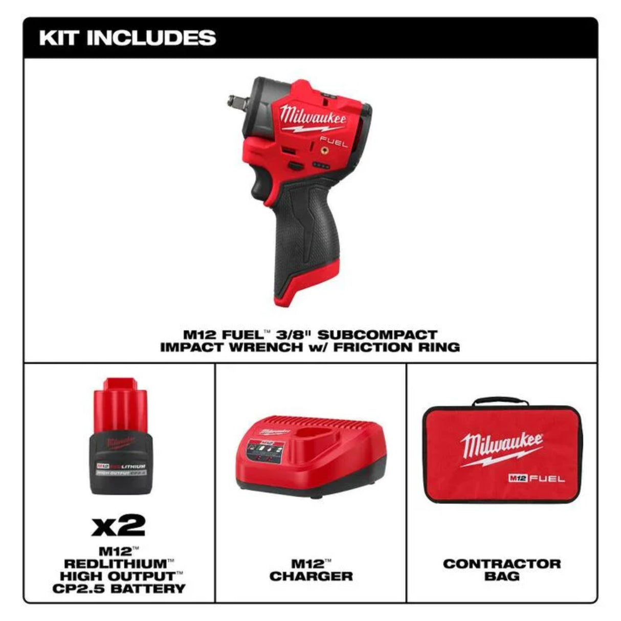 Milwaukee M12 FUEL 3/8 Inch Subcompact Impact Wrench with Friction Ring Kit