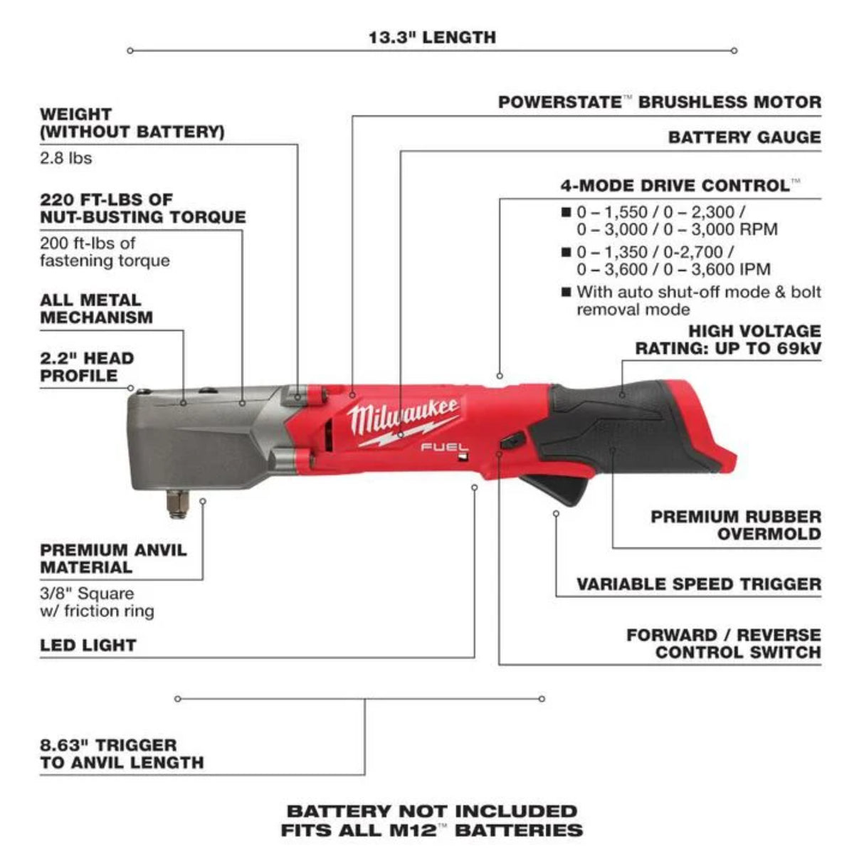 Milwaukee M12 FUEL 3/8inch Right Angle Impact Wrench (Bare Tool)
