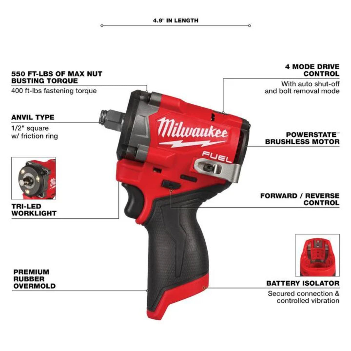 Milwaukee M12 FUEL Stubby 1/2 Inch Impact Wrench (Bare Tool)