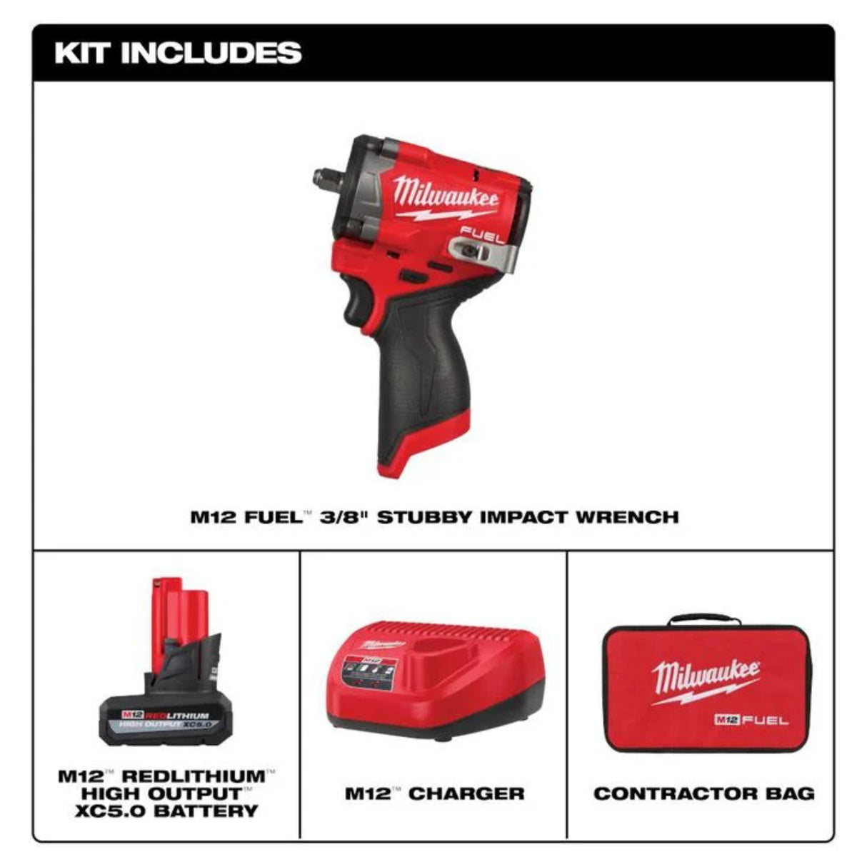 Milwaukee M12 FUEL Stubby 3/8 Inch Impact Wrench Kit
