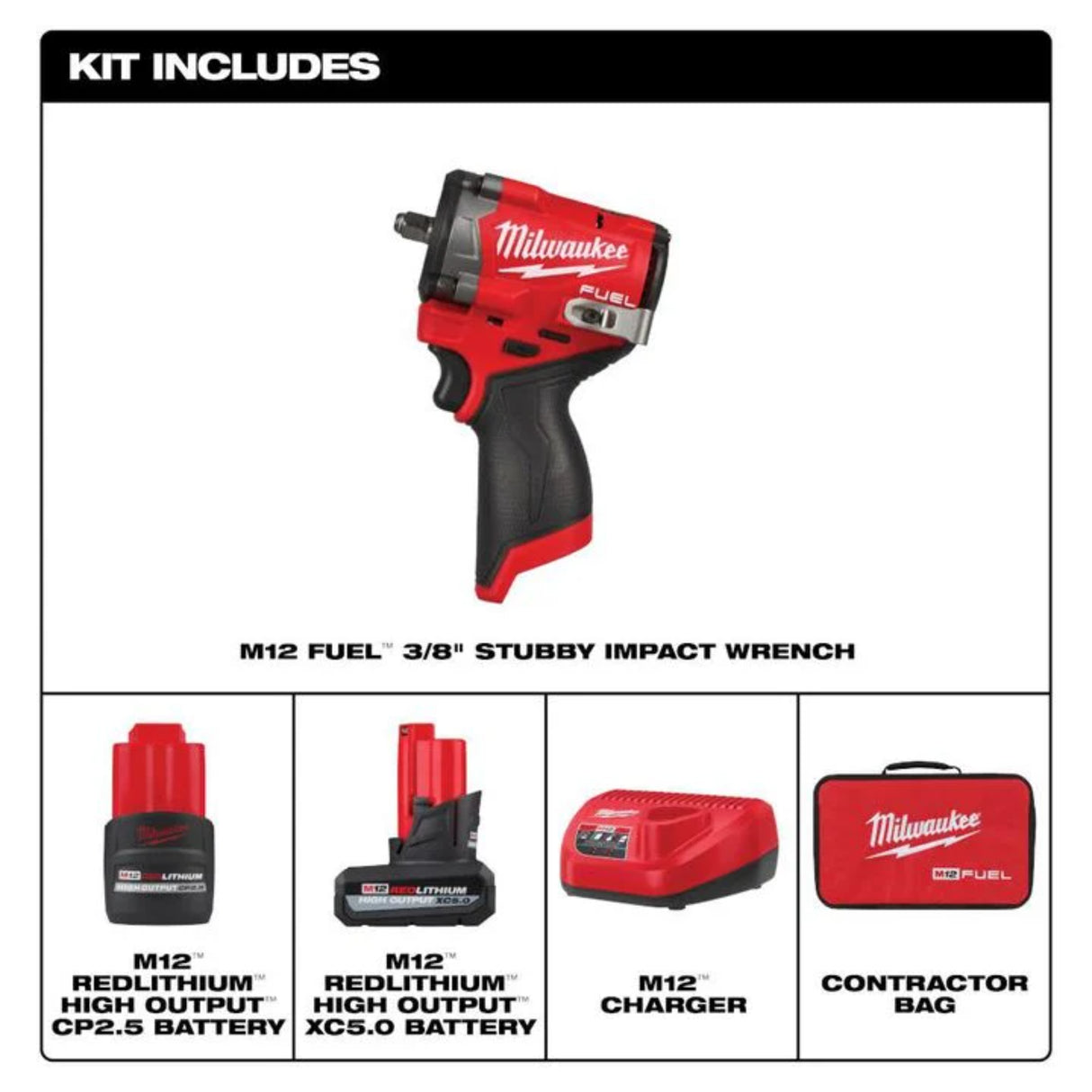 Milwaukee M12 FUEL Stubby 3/8 Inch Impact Wrench Kit