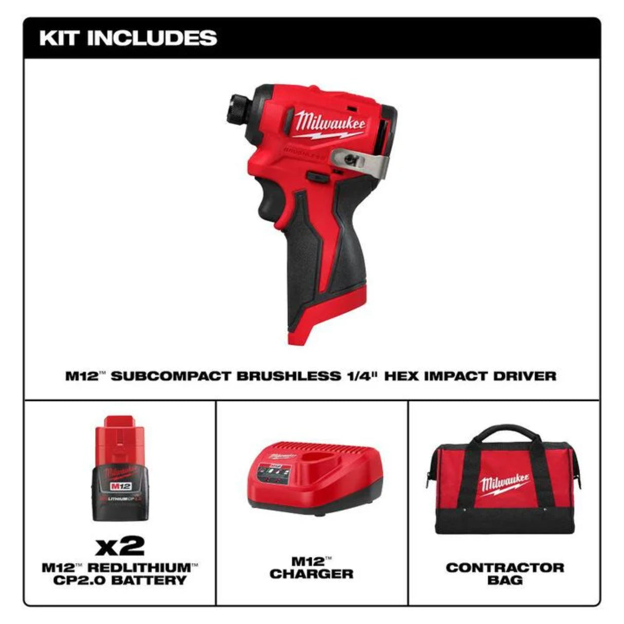 Milwaukee M12 Subcompact Brushless 1/4 Inch Hex Impact Driver Kit