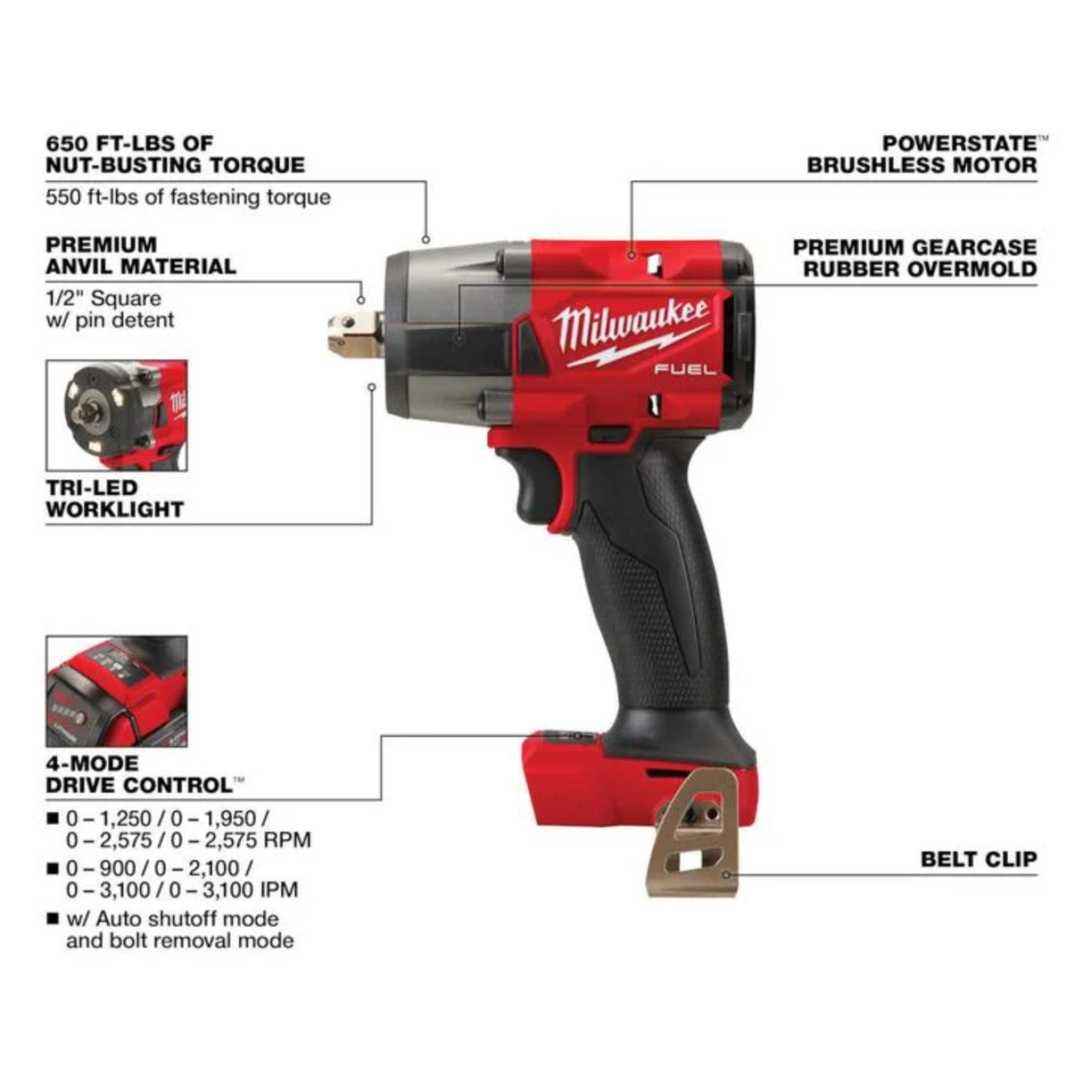 Milwaukee M18 FUEL 1/2 Mid-Torque Impact Wrench with Pin Detent (Bare Tool)