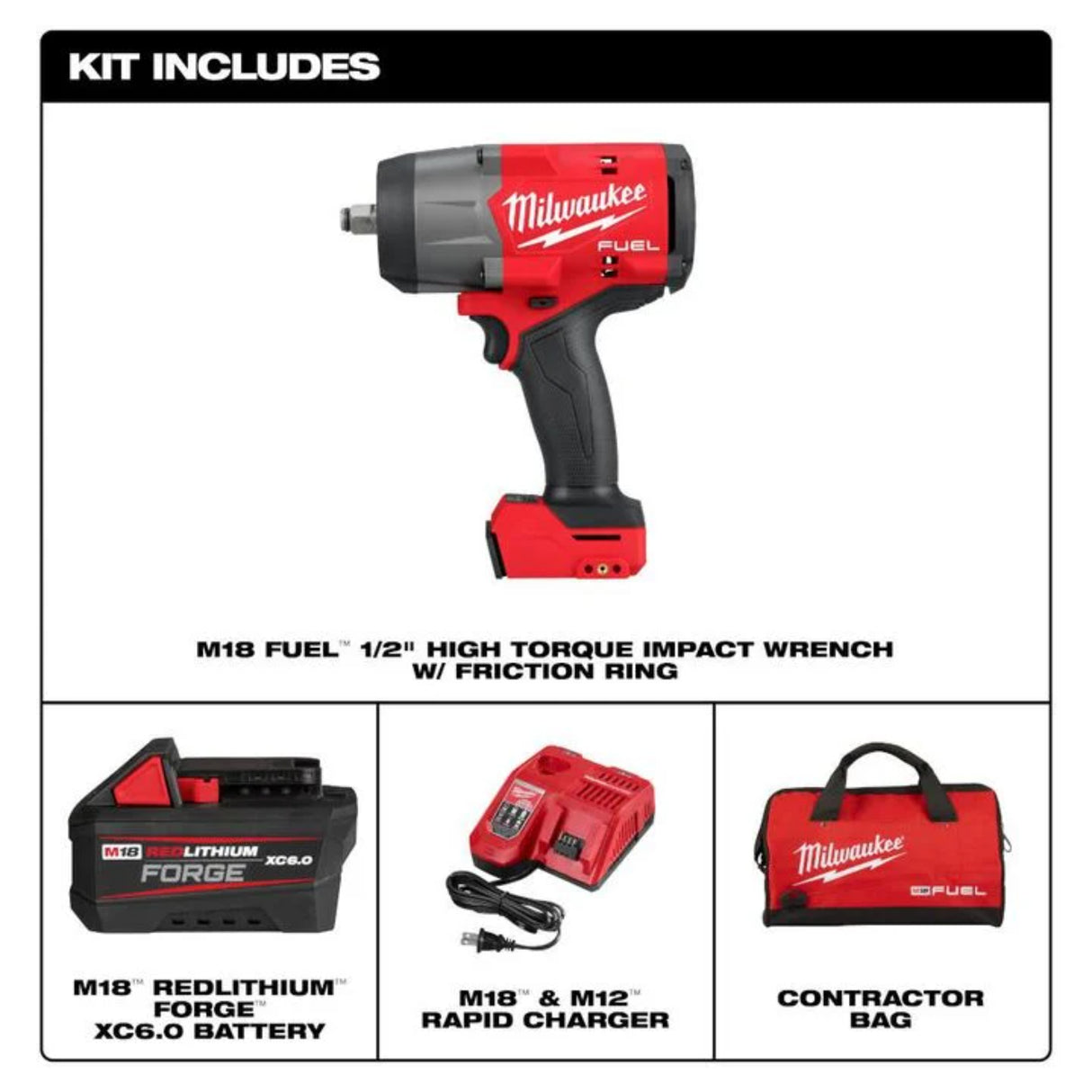 Milwaukee M18 FUEL 1/2in High Torque Impact Wrench with Friction Ring REDLITHIUM FORGE Kit