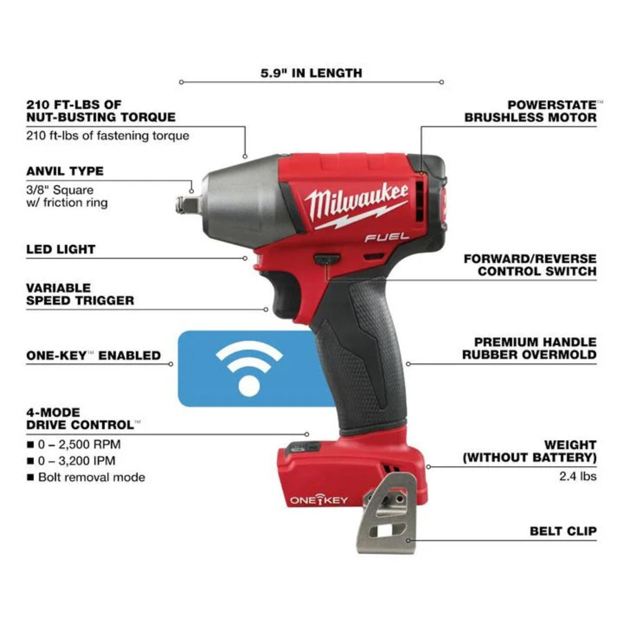 Milwaukee M18 FUEL 3/8 in. Compact Impact Wrench with Friction Ring with ONE-KEY (Bare Tool)