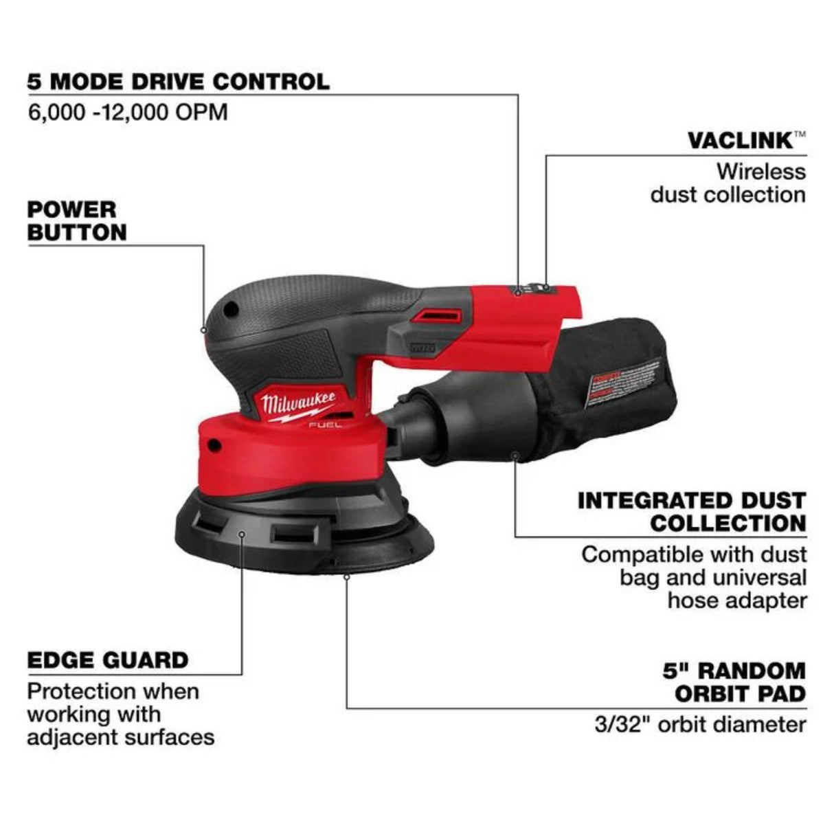 Milwaukee M18 FUEL 5 Inch Random Orbital Sander (Bare Tool)