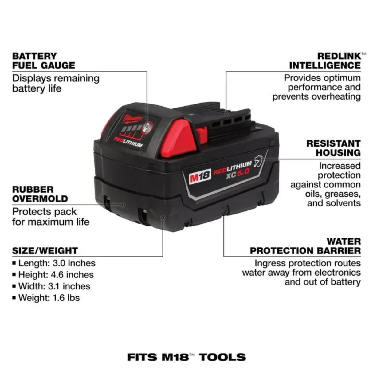 Milwaukee M18 REDLITHIUM XC 18V 5Ah Lithium Ion Power Tool Battery Pack with Fuel Indicator