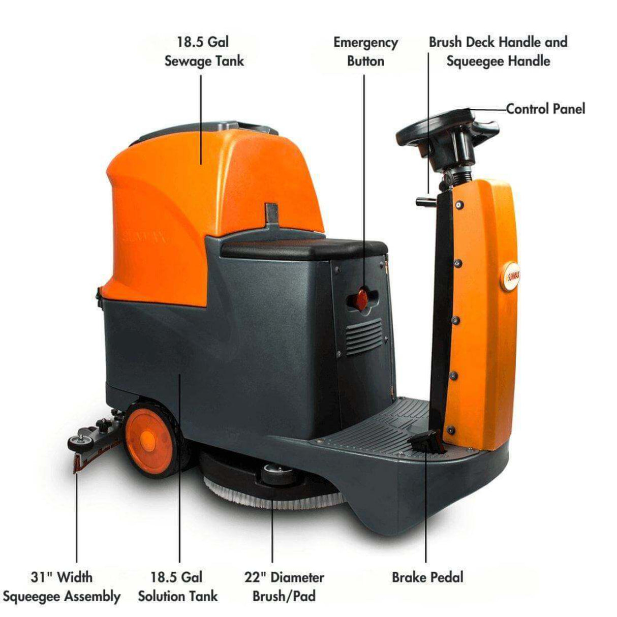 Sunmax RT70+ Industrial Ride-On Floor Scrubber, 22" Brush Cleaning Path, Lithium Battery