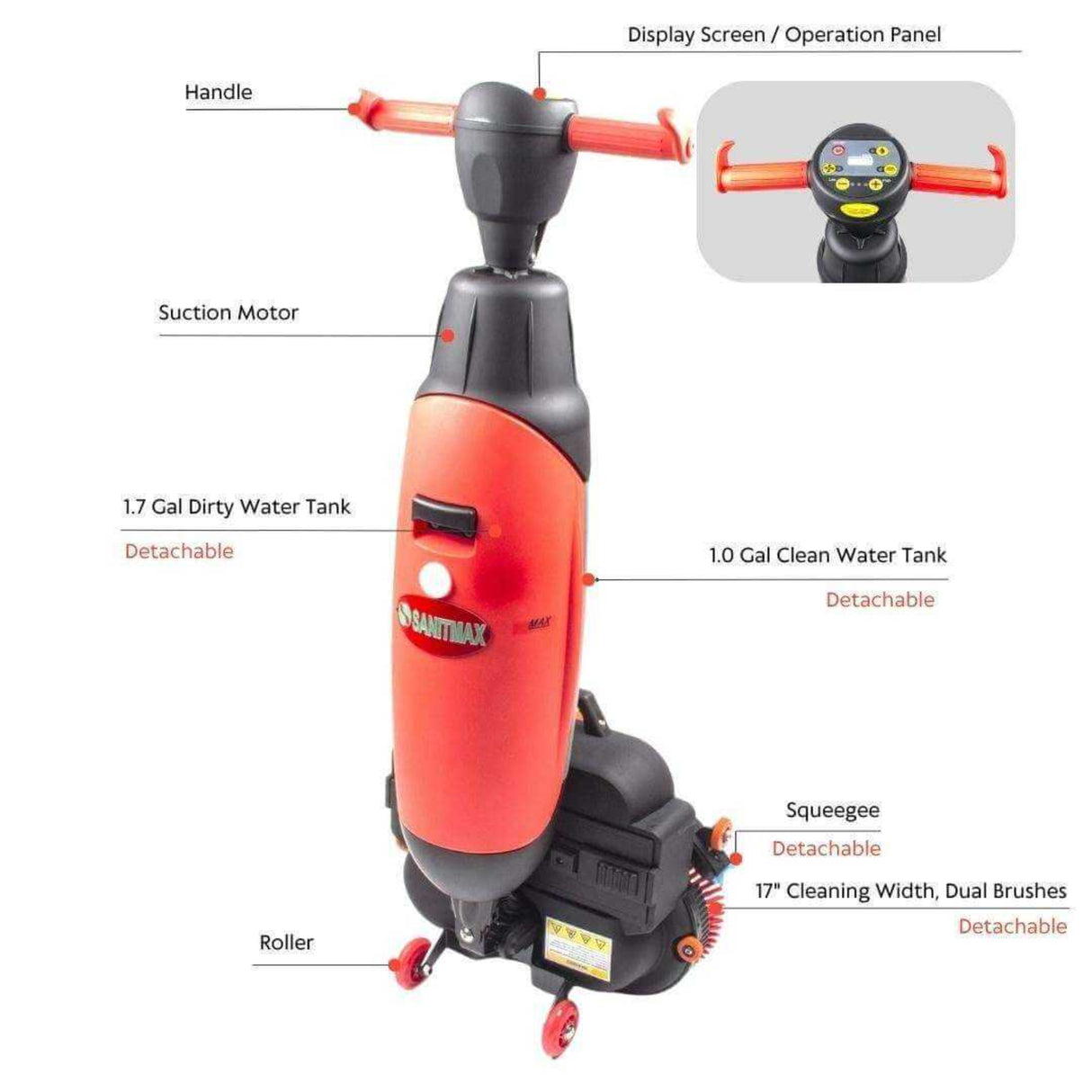 Sunmax SM430 17" Walk-Behind Automatic Floor Scrubber, 360 Degree Rotating Head, 10000 sqft/h, Cordless Rechargeable Lithium Battery