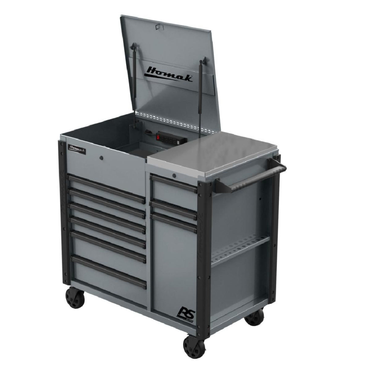 Homak 44" RS Pro 9-Drawer Flip-Top Power Service Cart — Stainless Worksurface, 4 Outlets + 2 USB