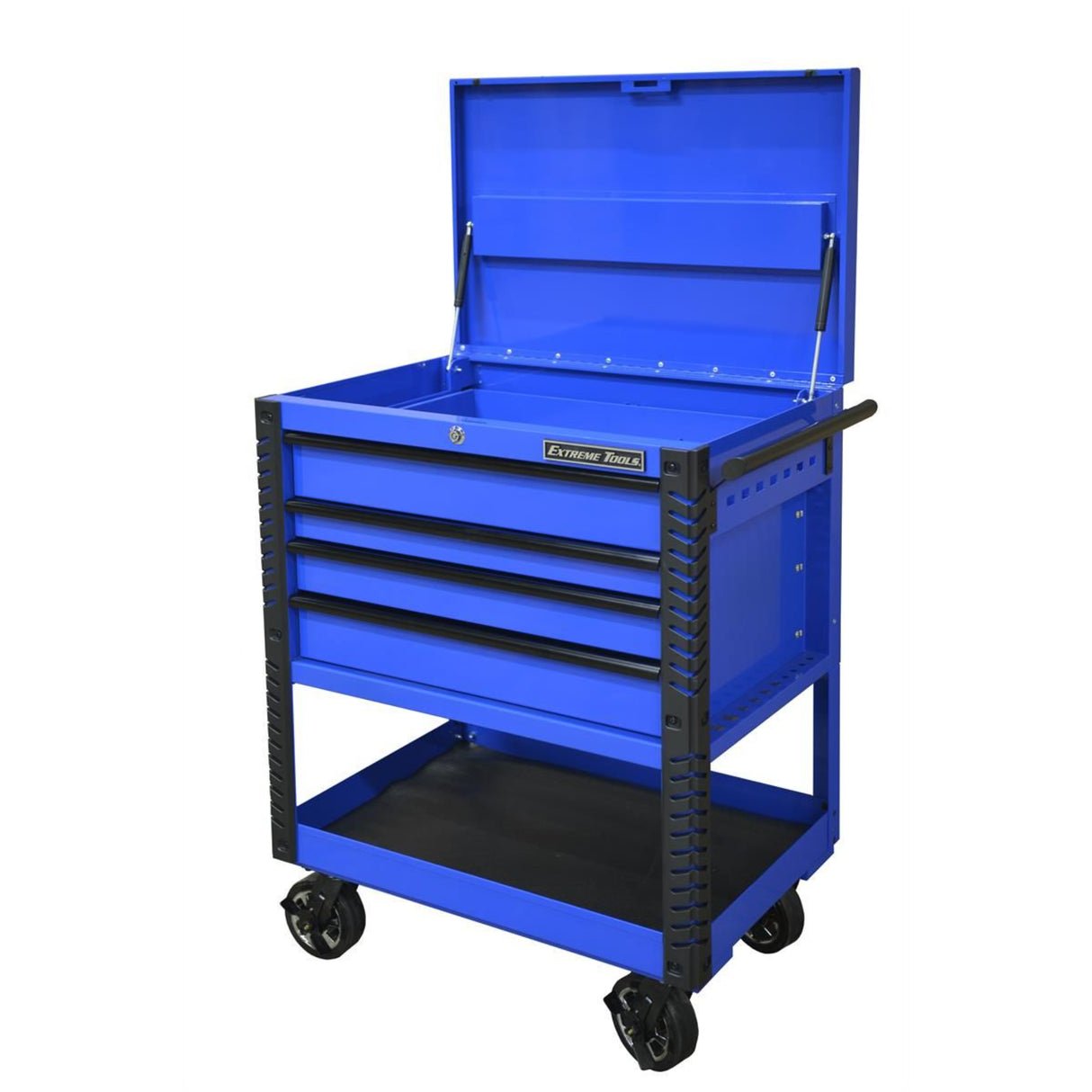 Extreme Tools 33in 4-Drawer Deluxe Tool Cart with Bumpers, Blue/Black
