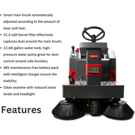 Sanitmax - SM1250 Ride-On Industrial Floor Sweeper 49" 69,000 Sq Ft/H Battery Powered Cleaning Machine