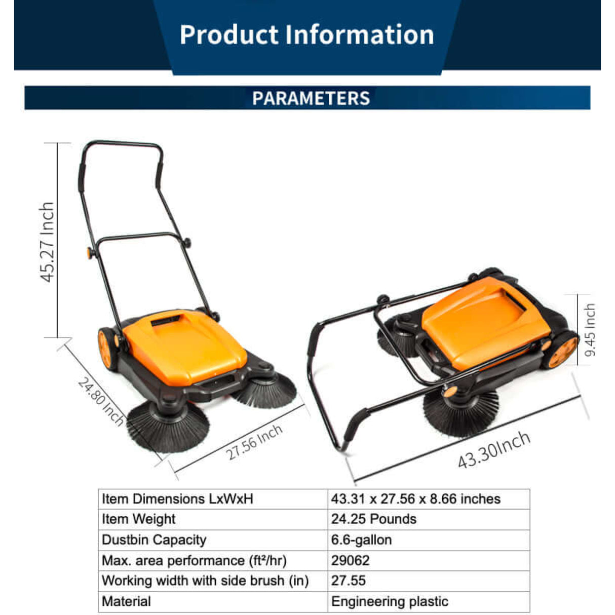 Sanitmax SM650 Manual Push Floor Sweeper 27.5" with Triple Brushes