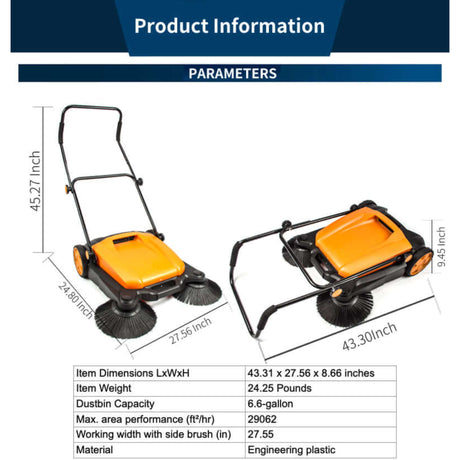 Sanitmax - SM650 Manual Push Floor Sanitmax - Sweeper 27.5" with Triple Brushes for Indoor & Outdoor Cleaning