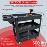 Sunmax SC2500/SC3500 Heavy Duty Rolling Utility Service Cart, HDPE Shelves, 5" Caster Wheels