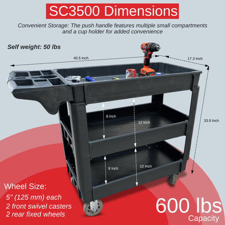 Sunmax SC2500/SC3500 Heavy Duty Rolling Utility Service Cart, HDPE Shelves, 5" Caster Wheels