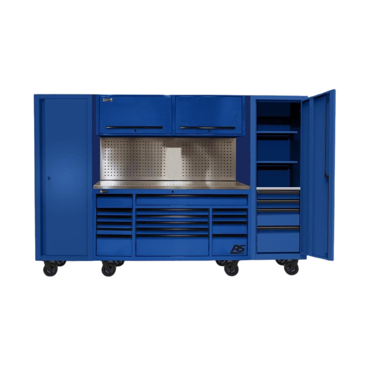 Homak 120" RS PRO CTS 24-Drawer Roller Cabinet & Side Locker Combo — Stainless Top, Toolboard Backsplash