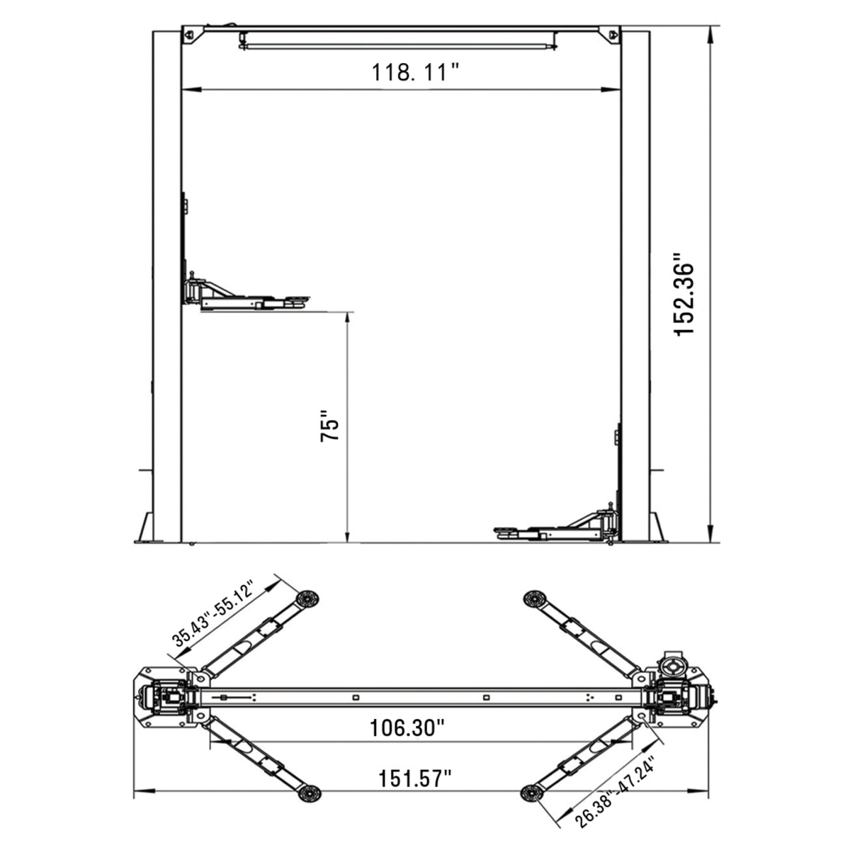 Fortisky FL-120LX 2-Post Overhead Car Lift — 12,000 lb, Single-Point Lock Release