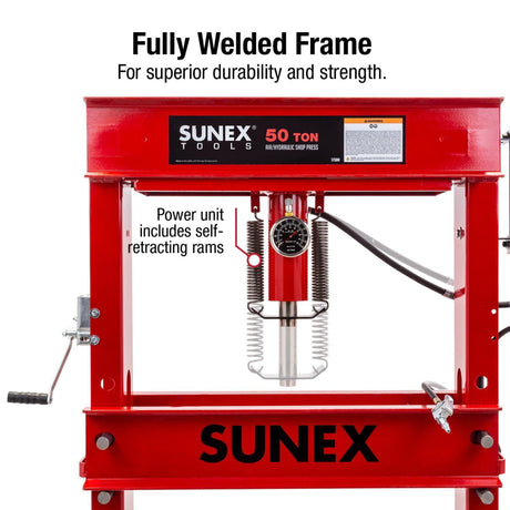 SUNEX 50-Ton Air/Hydraulic Shop Press with 8 in. Air-Assist Ram Stroke