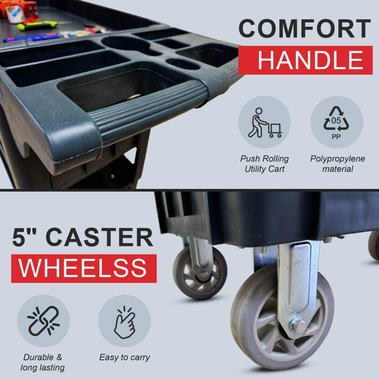 Sunmax SC2500/SC3500 Heavy Duty Rolling Utility Service Cart, HDPE Shelves, 5" Caster Wheels