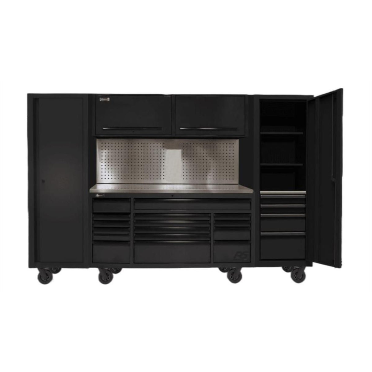 Homak 120" RS PRO CTS 24-Drawer Roller Cabinet & Side Locker Combo — Stainless Top, Solid Backsplash