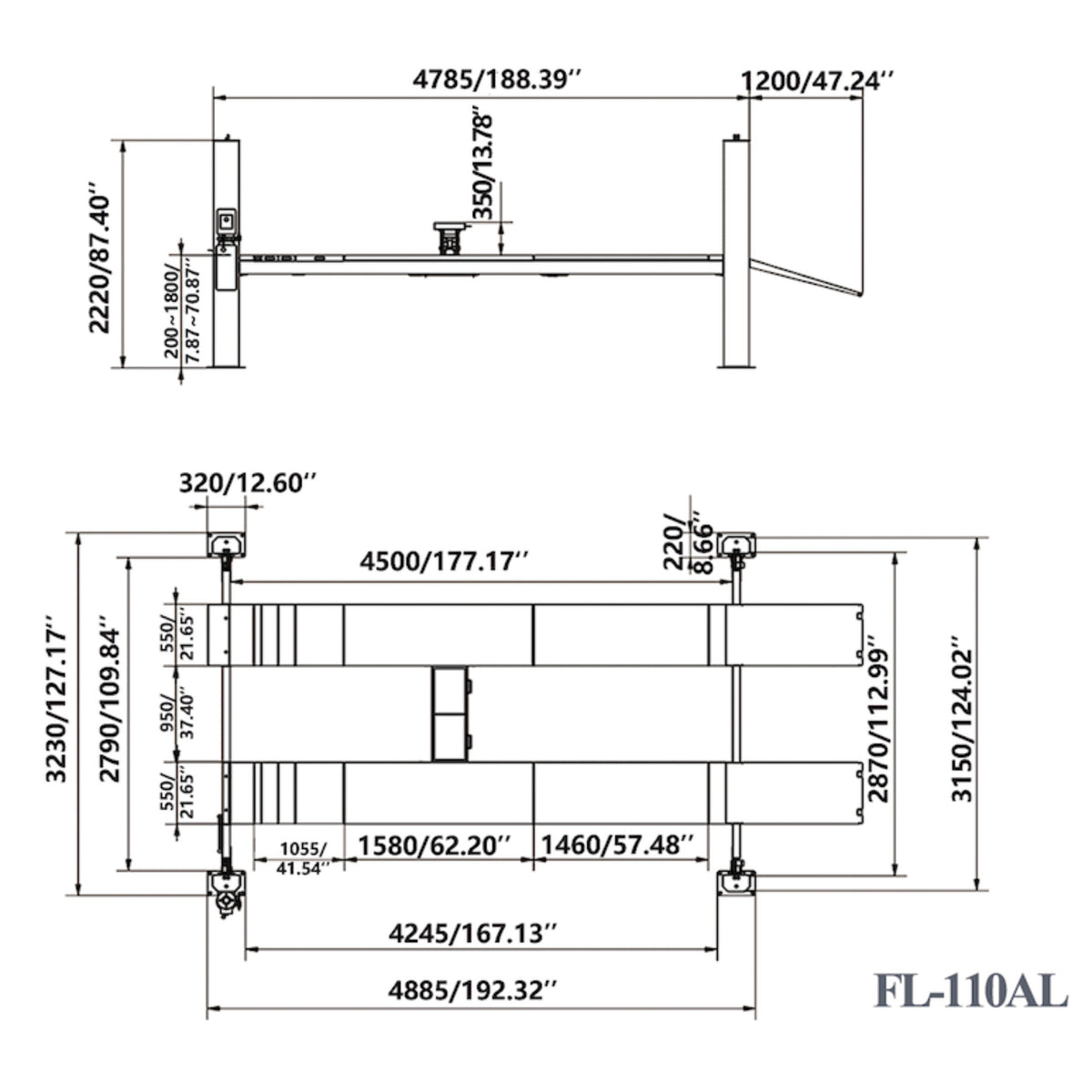 Fortisky FL-110AL 4-Post Alignment Lift — 11,000 lb with 7,000 lb Rolling Jack