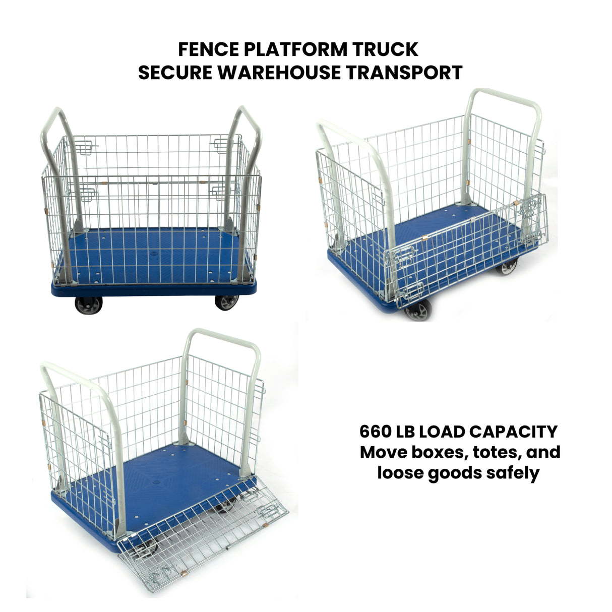 Sunmax PH300PL 660 lbs Capacity Warehouse Cart with Steel Fence, 5” Casters