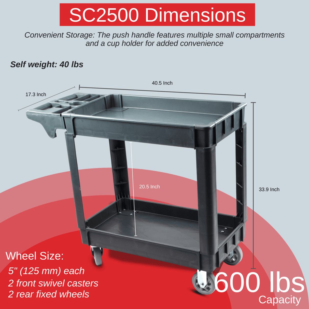 Sunmax SC2500/SC3500 Heavy Duty Rolling Utility Service Cart, HDPE Shelves, 5" Caster Wheels